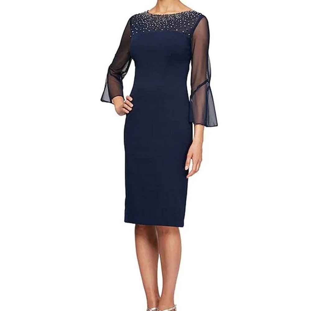 Alex Evenings Navy Blue Embellished Illusion 3/4 Bell Sleeve Dress